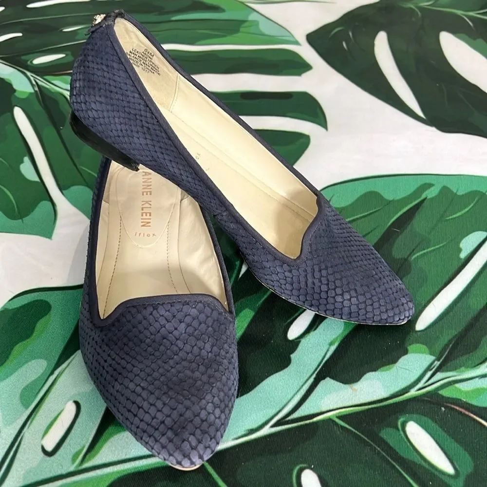 * Anne Klein suede, navy snake flats